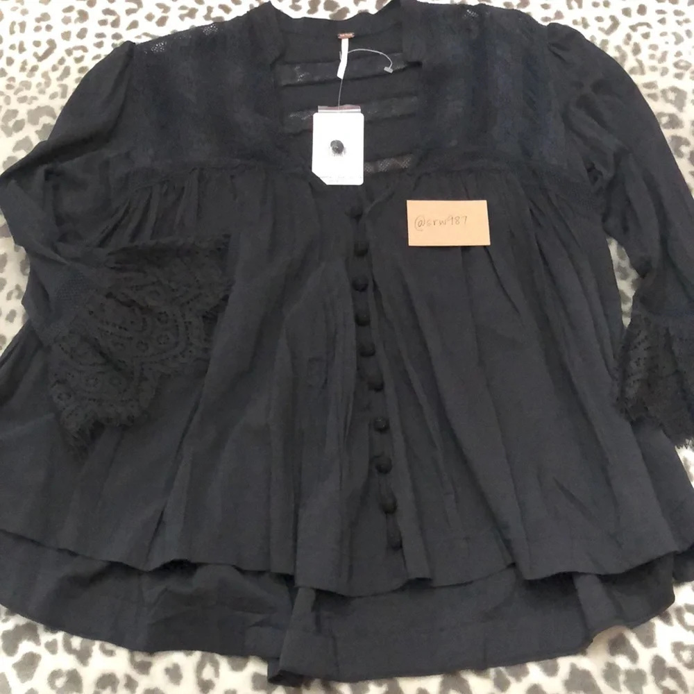 Free People Esme Lace Trim Blouse in Black Size Small